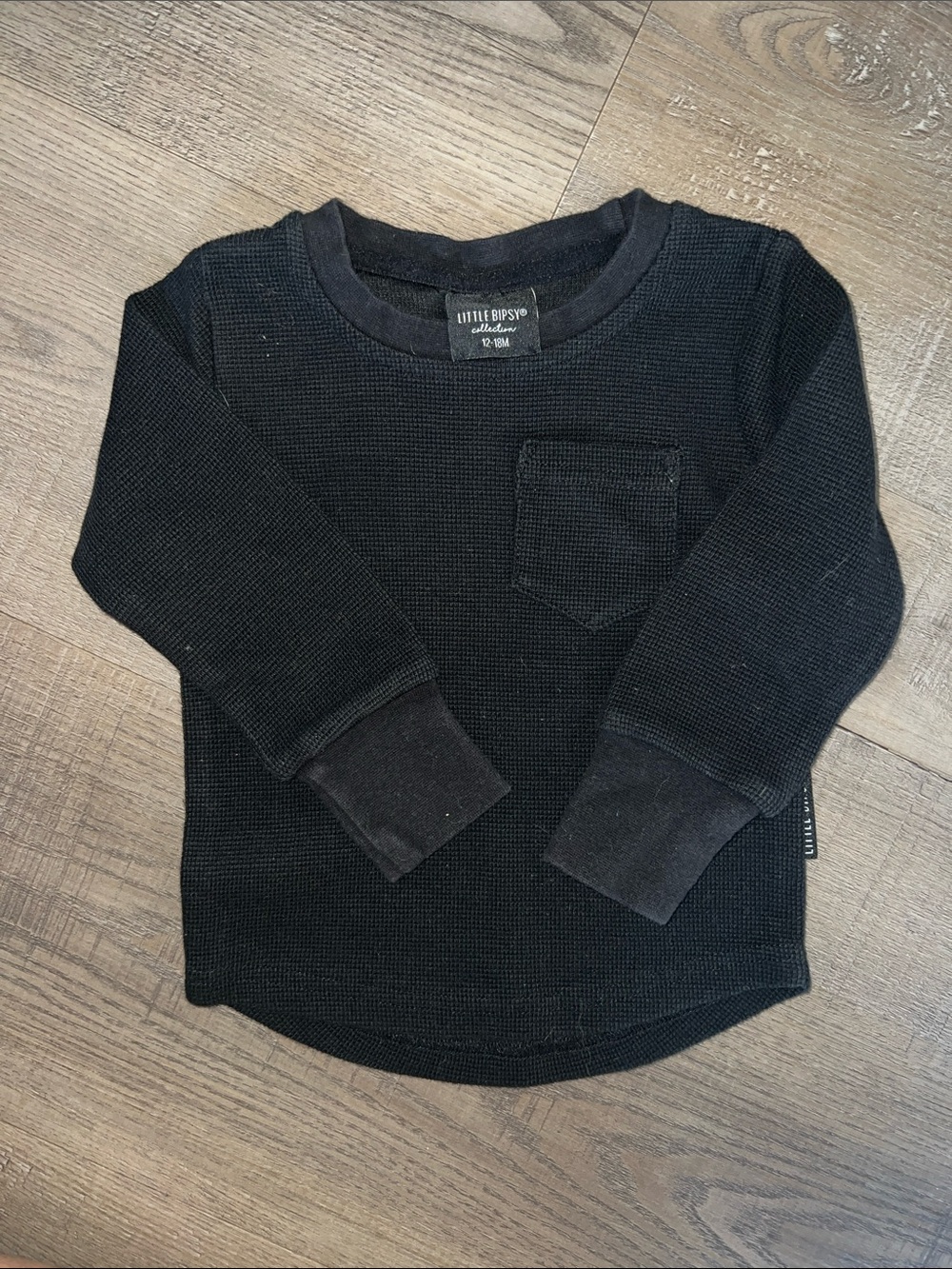 Little Bipsy Black Waffle-Knit Long Sleeve Tee with Pocket